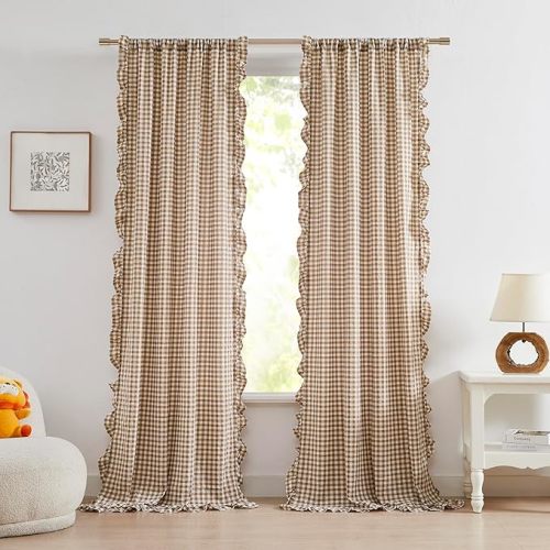 ZJDECOR 90 Inch Brown Buffalo Plaid Crinkle Curtains with Pretty Ruffle Edges,Neutral Farmhouse Not-See-Through Sheer for Bedroom Living Room,Rustic Window Treatment,Rod Pocket,40" Wx90 L(Pack of 2)