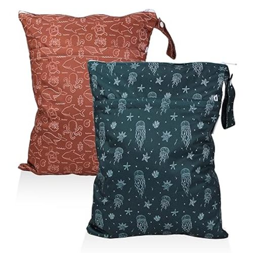Mama Koala Waterproof Wet Dry Bags for Baby Items, Cloth Diapers, Swimsuits, Travel, Gym Clothes, Beach, Pump Parts, Toiletries, Two Zippered Pockets, 2 Pack (W020)