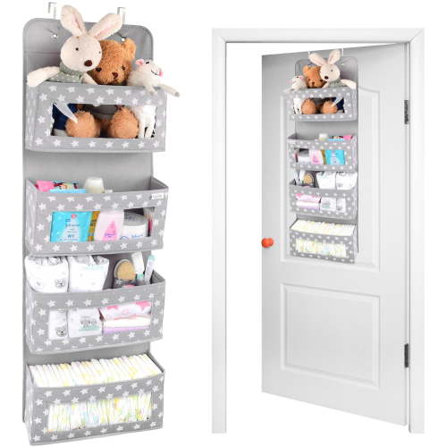 Vesta Baby Nursery Over the Door 4-Pocket Hanging Organizer with 2 Metal Hooks, Gray