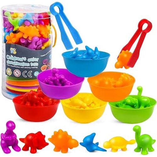 USATDD Counting Dinosaur Toys Matching Color Sorting Stacking Games with Bowls Preschool Learning Activities for Educational Sensory Montessori STEM Toy Sets Gift for Toddlers Kids Boys Girls Aged 3+