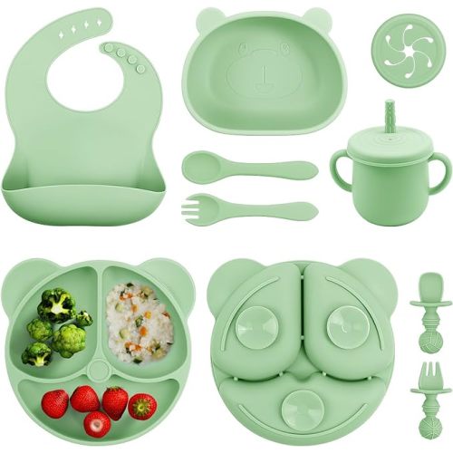 Baby Led Weaning Supplie,Silicone Baby Feeding Set with Suction Plate and Bowl,Toddler Self Feeding Essentials with Spoons Forks Bib Sippy Cup,Eating Utensils for 6+ Months (10 Pcs) - Dark Green