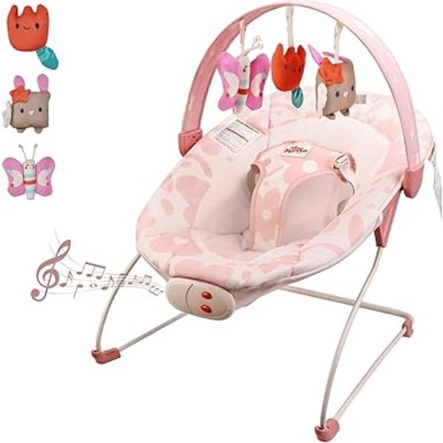 Baby Bouncer – Baby Bouncer seat, Infants Bouncy Seat with Music & Sensory Toys, Machine Washable Seat Pad Indoor Infant Seat, Ideal for Newborns 0-6 Months, 20lbs (Pink Flower)