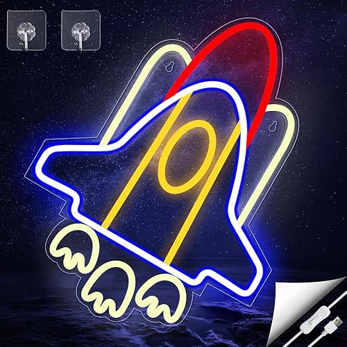 Neon Signs Rocket, Rocket Lamp, Big Space Ship Led Light Room Decor, Neon Sign, Airplane Shape Lamp Universe Theme Decoration, Neon Signs for Wall Decor for Teen Boys&Girls Bedroom & Gaming Room