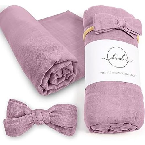 Baby Muslin Swaddle Blanket with Bow — 30% Organic Cotton & 70% Viscose Derived from Bamboo Swaddle Blankets — 47x47 Inches Premium, Soft & Breathable Neutral Swaddles for Newborns by BWD (Mauve)
