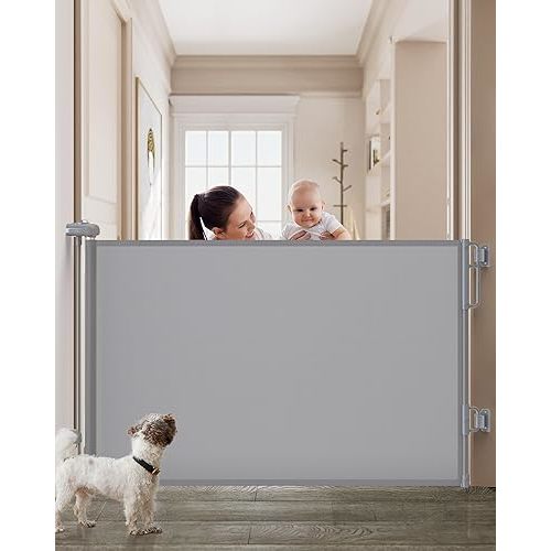 Cumbor Retractable Baby Gates for Stairs, Family & Mom's Choice Awards Winner-Extends up to 55" Wide Mesh Dog Gate for The House, 34" Tall Child Gates for Doorways,Pet Door Indoor & Outdoor, Gray