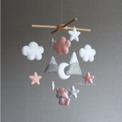 Baby girl mobile, Fox mobile, Woodland mobile, Baby mobile, Pink nursery decor, Baby girl mountain mobile, Pink and grey mobile