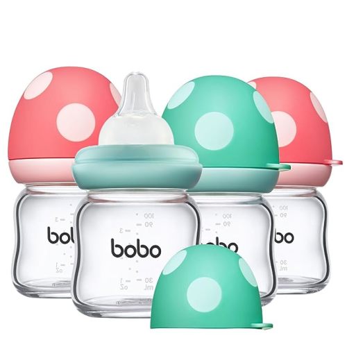 YOHKOH Natural Glass Baby Bottle with Natural Response Nipple, Newborn Anti-Colic Baby Bottles, Wide Neck Mushroom Cap Baby Bottle, Clear (3.4oz (Pack of 4), Multicolour) - 3.4 Ounce (Pack of 4)