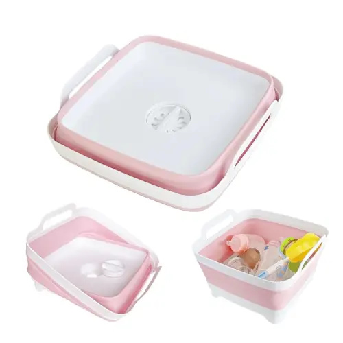 Collapsible Wash Basin for Baby Bottles - 2.4 Gallons Portable Wash Bin for RV Camping Sink, Space-Saving Dish Tub (Pink)