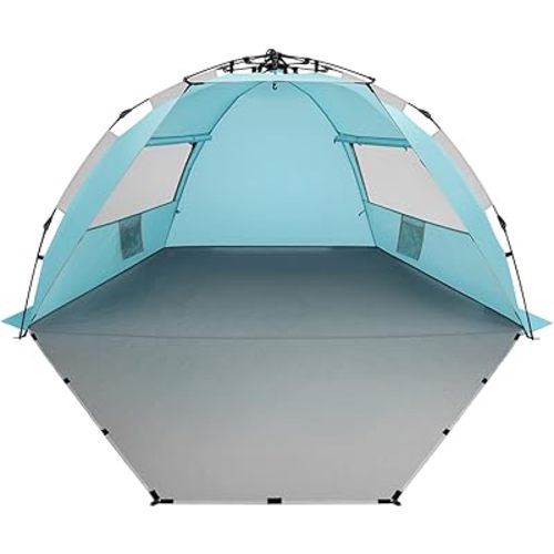 Oileus X-Large 4 Person Beach Tent Sun Shelter - Portable Sun Shade Instant Tent for Beach with Carrying Bag, Stakes, 6 Sand Pockets, Anti UV for Fishing Hiking Camping, Waterproof Windproof, Sky Blue