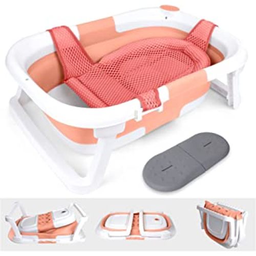 Collapsible Baby Bathtub – Bathtub + Baby tub Cushion + Baby Bath tub Kneeler – Durable Baby Bathtub newborn to toddler 0-24 months – The ultimate travel Baby Bathtub and everyday use! (Pink)