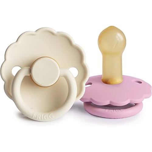 FRIGG Daisy Natural Rubber Baby Pacifier | Made in Denmark | BPA-Free (Cream/Lupine, Size 2) 2-Pack