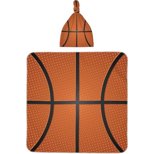 Basketball Print Baby Swaddle Blanket with Beanie Set, Newborn Receiving Blankets 35.4"X 35.4" Soft Swaddle Wrap Baby Stuff for Infant Boy Girl Gift