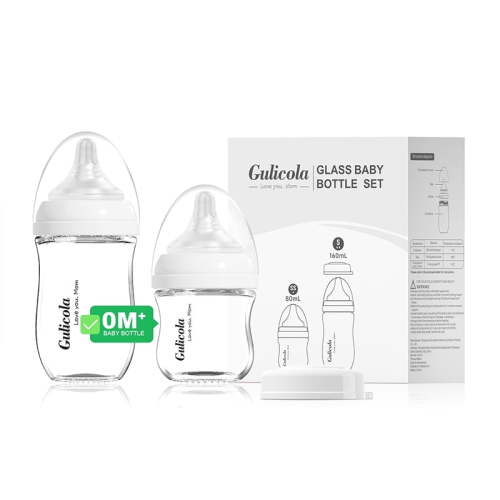 Gulicola Natural Glass Baby Bottle Newborn Set, 3 oz and 5 oz with Extra Slow Flow & Slow Flow Nipple, Anti Colic, 0-3 Months, 2 Pack - White