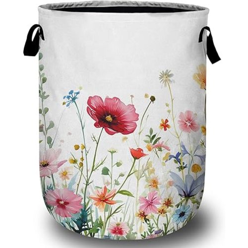Watercolor Wildflowers Laundry Basket, Floral Laundry Hamper Collapsible Oxford Cloth with Handle Clothes Toy Storage Bin for Bathroom Laundry Room Bedroom 15.7 X 20 Inch