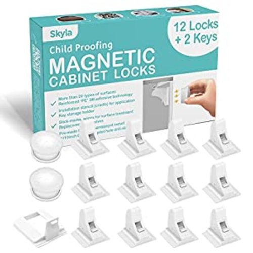 Skyla Homes Magnetic Cabinet Locks (12-Pack 2 Keys) Baby Proofing & Child Safety The Safest, Quickest and Easiest Multi-Purpose 3M Adhesive Child Proof Latches, No Screws or Tools Needed - 12 Pack
