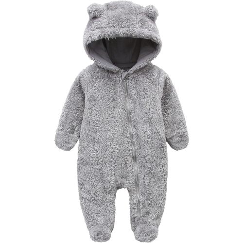 Newborn Baby Snowsuit Fleece Lined Onesie Outfits Warm Hooded Romper for Infant - Footed-grey