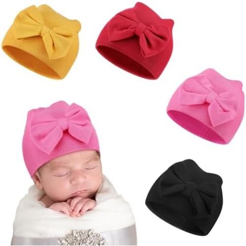 Cuffbow 4 Pcs Preemie Hats Bow Cap Warm Hospital Premature Baby Cotton Beanie for Premature Boy Girl Newborn 3-7 Lbs Infant