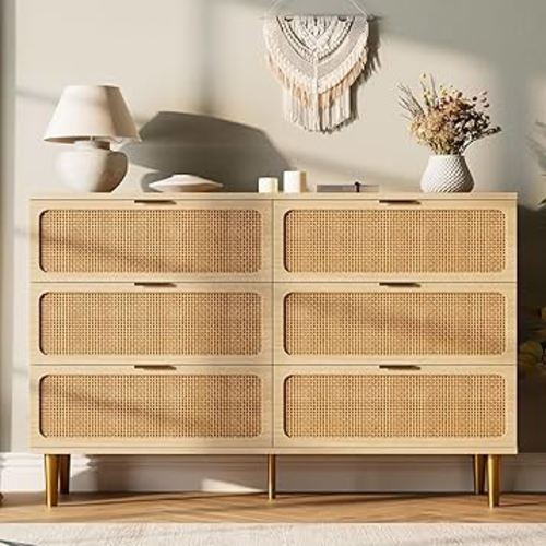 GarveeHome Rattan 6 Drawer Dresser for Bedroom, Large Double Dresser with Deep Drawers, Wooden Chest of Drawers for Closet with Wide Top, for Living Room, Hallway, Kids Room, Natural