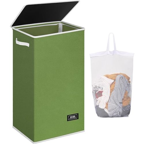 SOLEDI Laundry Hamper with Lid 100L Large & Tall Collapsible Laundry Basket, Clothes Hamper with Bag Removable Easy to Carry, Dirty Hampers for Bedroom, Bathroom, Dorm, College, Dark Green