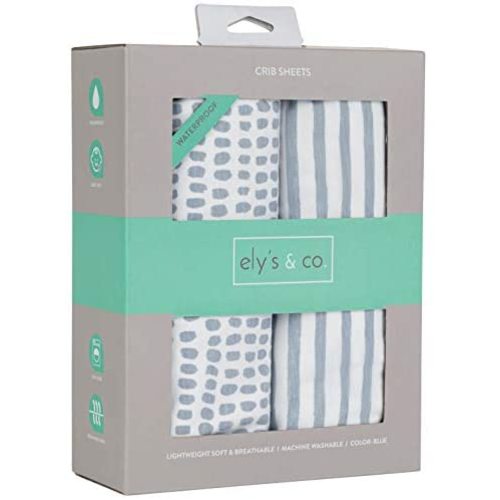Ely’s & Co. Patent Pending Waterproof Crib│Toddler Bed Sheet 2-Pack Set for Baby Boy - 100% Cotton, Jersey Knit Cotton Sheets with Waterproof Lining — Misty Blue, Stripes and Splashes