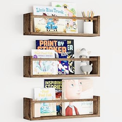 Fixwal Nursery Book Shelves, 16.5 Inch Floating Bookshelves for Wall Set of 3, Baby Nursery Decor, Solid Wood Wall Mounted Shelves for Books, Toys and Decor Storage (Brown)