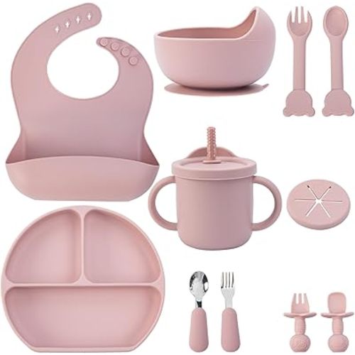 Baby Feeding Set, 13PCS Silicone Baby Self Feeding Set, Toddler Led Weaning Utensils Set with Suction Bowl and Plate, 3 Set of Baby Spoon and Fork, Adjustable Bid, Sippy Cup with Straw and 2 Lids