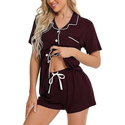 SWOMOG Womens Button Down Pajamas Set Short Sleeve Sleepwear Bride Soft Pj Lounge Sets XS-3XL