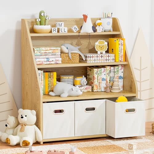 Marcytop Kids Bookshelf and Toy Organizer, Wooden Kids Bookcase, Toddler Montessori Bookshelf with 3 Movable Drawers, Toy Storage Organizer for Kids Room, Living Room, Nursery