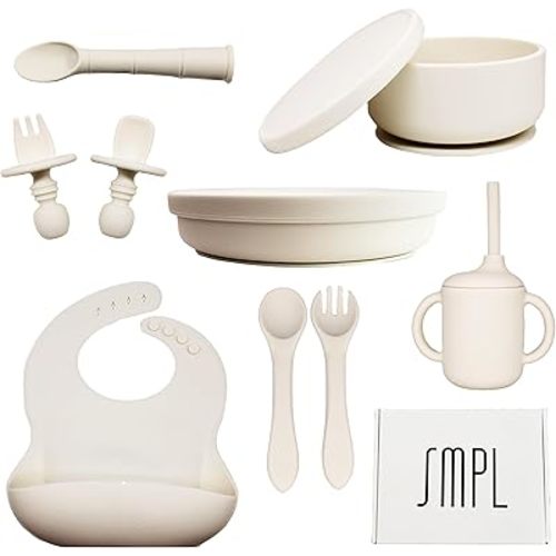SMPL Premium 13 pc Baby Led Weaning Silicone Eating Utensils Essentials Set- Minimalist Plate Bowl Covers Cup Straw Forks Spoons Bib White Gift Infants Toddlers Birthday Baby Shower First Time Parents
