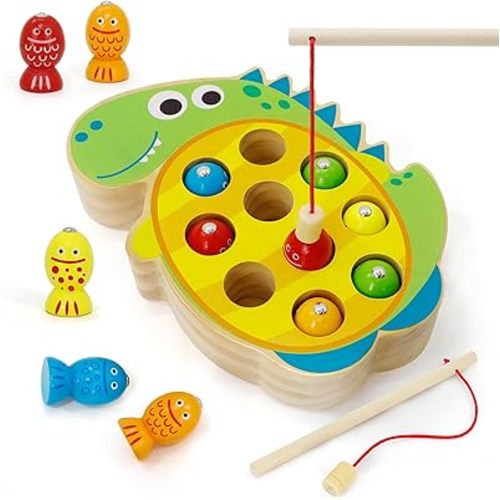 Wooden Magnetic Fishing Game, Dinosaur Magnetic Fishing Toy for Kids 3-5, Montessori Preschool Education Learning Color Sorting Fine Motor Skill for Toddlers