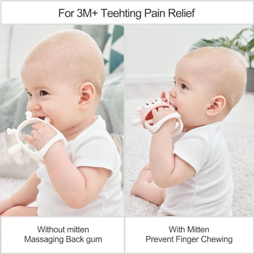 Smily Mia Baby Teething Toy |Penguin Teether for 0-6Months |Reindeer Baby Chew Toys for 3m+, Soft Silicone Hand Teether |Teething Mitten for Teething Pain Relief, Baby Essentials Gift Box, Light Pink