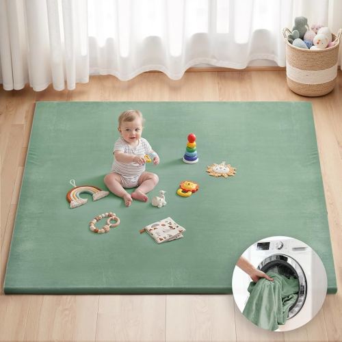 Blissful Diary Ultra Soft Baby Play Mat, 71x59 Extra Large Floor Mat with Removable & Washable Slip-On Cover for Babies and Toddlers, Sage Green