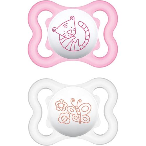 MAM Mini Air Pacifiers for Babies with Sensitive Skin (2 pack, 1 Sterilizing Pacifier Case), MAM Soother with Silicone Nipple, 0-6 Months, Baby Girl