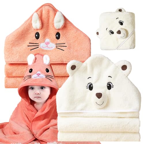 Baby Bath Towels with Hood, 2 Packs Premium Soft Hooded Baby Towels for Babies, Toddler, Infant, 31.5x31.5 in Ultra Absorbent Coral Fleece Baby Stuff Shower as Best Gifts for Boys and Girls (2Pack)