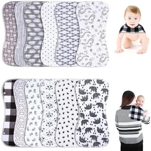 Baby Burp Cloths & Bibs 2-in-1 Design 3 Layers Thicken Cotton Absorbent and Soft Spit Up Burping Rags Set for Newborn