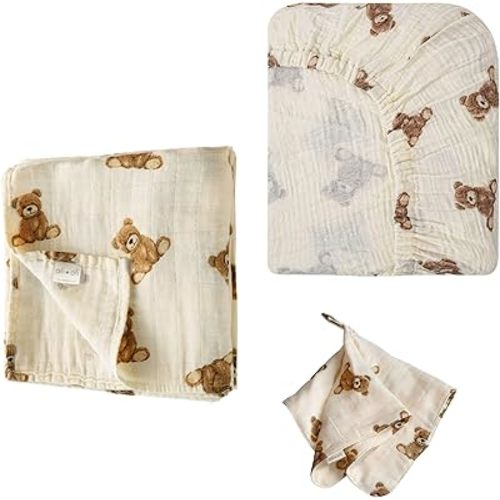 Ali+Oli Teddy Bear Nursery Bundle – Muslin Swaddle Blanket, Fitted Crib Sheet, and Security Blanket Pacifier Holder – Soft Bamboo Cotton Baby Set