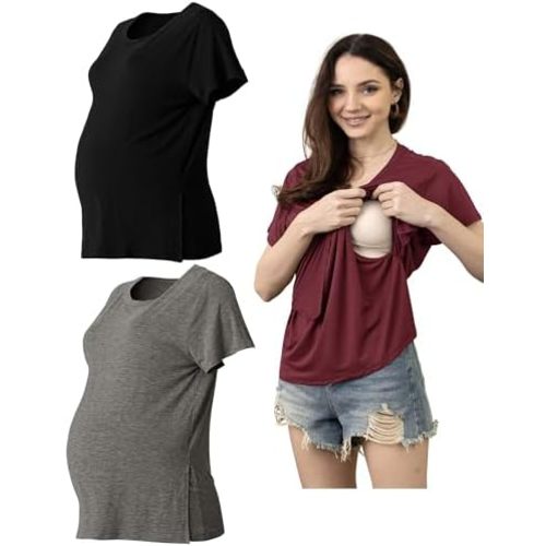 Rnxrbb Women Short Sleeve Nursing Tops for Breastfeeding T Shirts Summer Maternity Nursing Shirt Clothes 3 Pack Double Layer