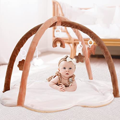Baby Play Gym, Cloud Baby Activity Mat with 5 Hanging Toys for Newborn, Thick Non-Slip Super Soft Baby Play Mat for Sensory and Motor Skill Development, Neutral Baby Gym for Toddler as Shower Gift