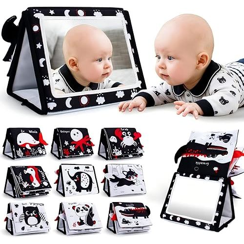 Black and White Baby Books for Newborn, Tummy Time Mirror, Baby Mirror Infant Toys with Soft Cloth Book, High Contrast Baby Toys, 3D Activity Crinkle Pages Sensory Tummy Time Toys for Babies