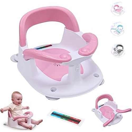 Baby Bath seat for Babies 6 Months & up, 360° Stable Toddler Bath Chair with one-Touch Button, Back Hollow Design, Water Temperature Card & 4 Suction Cups for Safety (Pink)