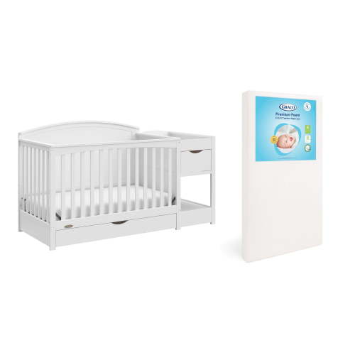 Graco Bellwood 5-in-1 Convertible Crib and Changer and Premium Crib & Toddler Mattress Bundle, White