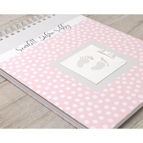 Baby Memory Book Girl (15 Center Designs) - Hardcover Baby Album & Journal - Personalized First Year Baby Book - White Polka Dots on Pink
