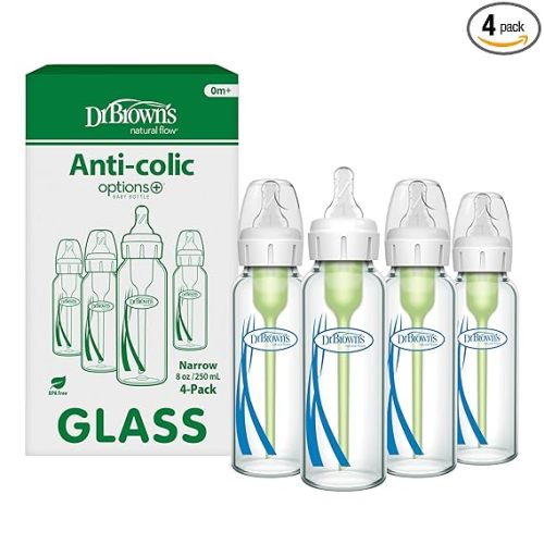 Dr. Brown's Natural Flow Anti-Colic Options+ Narrow Glass Baby Bottle 8 oz/250 mL, with Level 1 Slow Flow Nipple, 4 Pack, 0m+