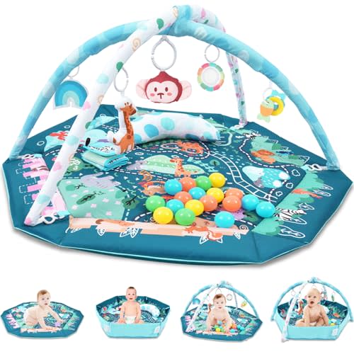TFDER Baby Gym Play Mat, 8-in-1 Tummy Time Mat & Activity Gym, Washable Ball Pit with 18 Balls, Infant Play Mat with Detachable Toys for Sensory Exploration and Motor Skill Development, Gifts for Baby