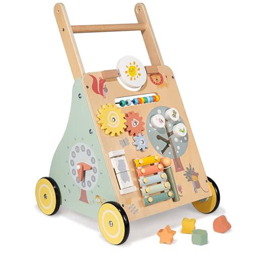 GiggleGems Wooden Baby Walker, Multiple Learning Activities Center Develops Motor Skills for Infant to Toddler, Push and Pull Walkers with Wheel for Boys Girls (ZOO)