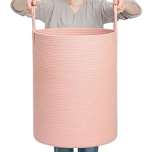 CLHMILY&Z Laundry Hamper Round Storage Rope Basket in Living Room, Bedroom, Laundry Room for Toy, Clothes, Blanket, Pillow (Pink, 80L)
