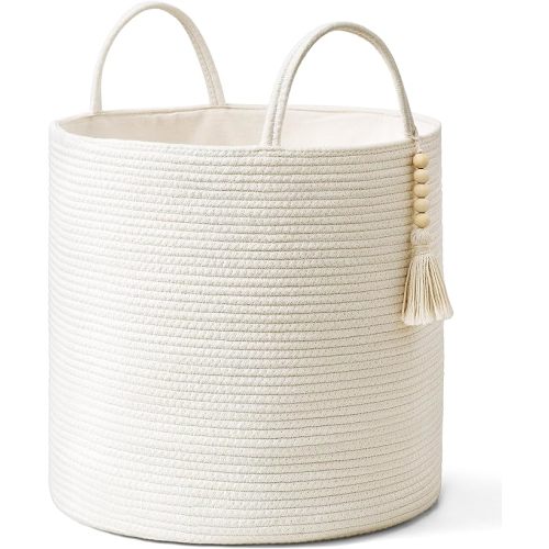 Mkono Tall Laundry Basket Woven Decorative Rope Storage Basket Wooden Bead Decoration for Blankets Toys Clothes Shoes Organizer Bin with Handles Living Room Home Decor, 15" W x 17.7" L, White