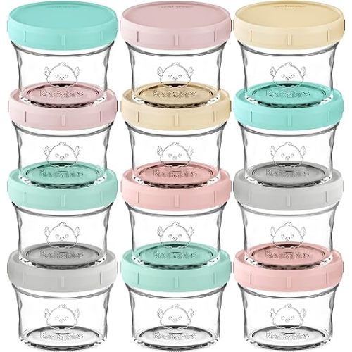 KeaBabies 12pk 4oz Glass Baby Food Containers with Lids - Leak-Proof, Microwavable Small Glass Jars, Baby Purees & Toddler Snack Storage Containers, BPA-Free, Dishwasher & Freezer Safe (Pastels)