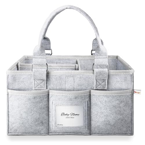 Kidtion Diaper Caddy Organizer for Baby Essentials, Newborn Essetials Must Haves, Baby Registry Search and Other Baby Stuff, Collapsible Baby Basket with Handle and a Photo Frame, Gray (L)
