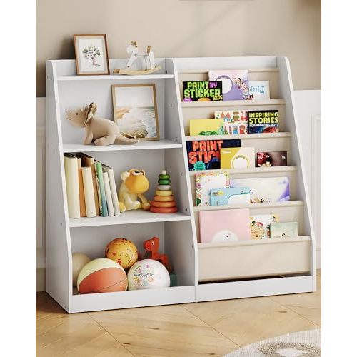 CHOEZON 35.4" Kids Bookshelf and Toy Storage, 6 Layer Fabric Toddler Bookshelf, Kids Toy Storage Organizer, Sling Kids Bookcase, for Playroom, Bedroom, Nursery, Classroom, White MCW05WT